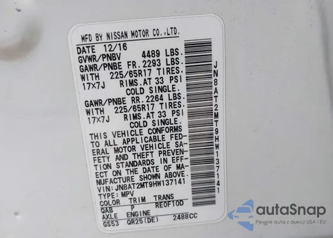 2017 Nissan Rogue Sv from USA, damaged, VIN JN8AT2MT9HW137141